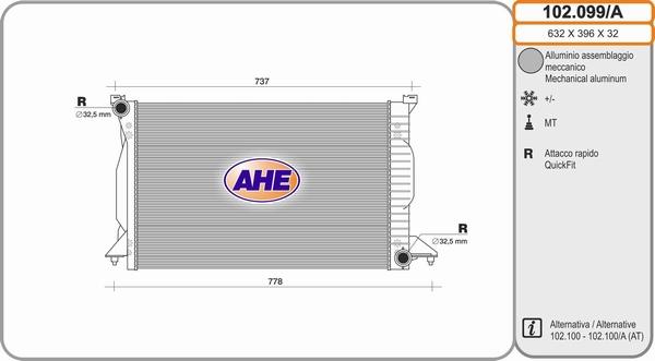 AHE 102.099/A - Radiatore, Raffreddamento motore www.autoricambit.com