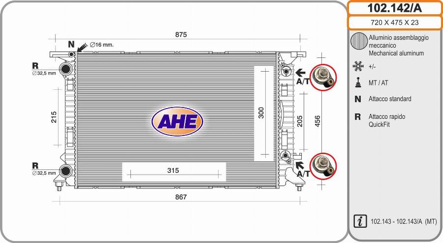 AHE 102.142/A - Radiatore, Raffreddamento motore www.autoricambit.com