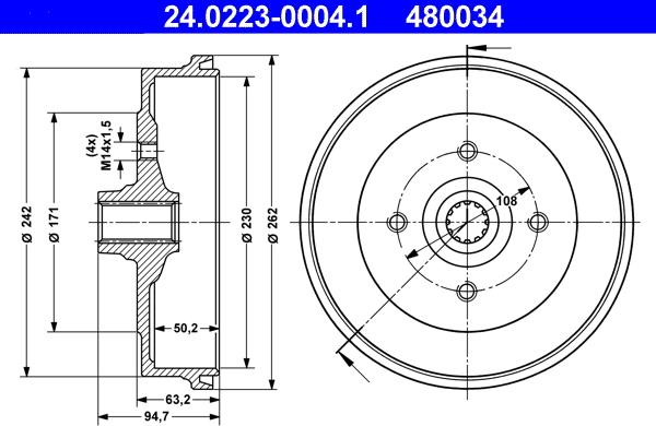 ATE 24.0223-0004.1 - Tamburo freno www.autoricambit.com