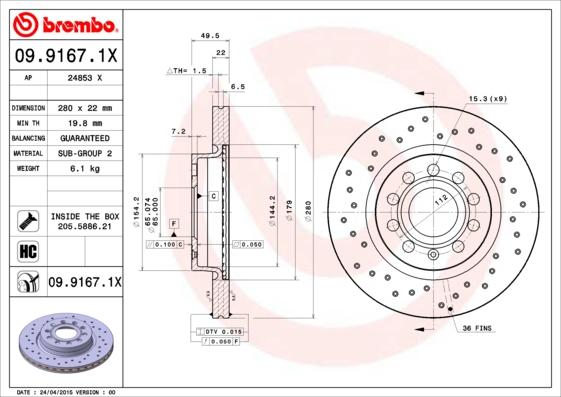 Brembo 09.9167.1X - Discofreno www.autoricambit.com