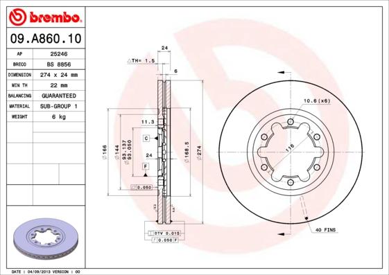 Brembo 09.A860.10 - Discofreno www.autoricambit.com