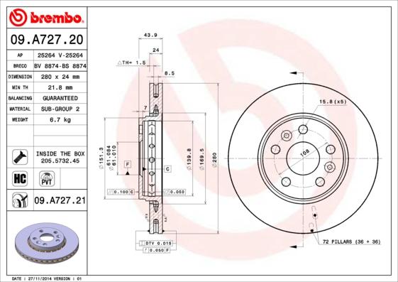 Brembo 09.A727.21 - Discofreno www.autoricambit.com