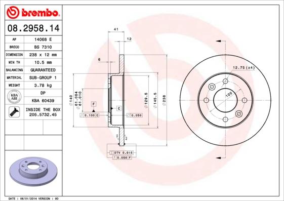 Brembo 08.2958.14 - Discofreno www.autoricambit.com