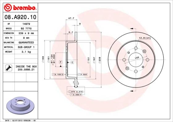 Brembo 08.A920.10 - Discofreno www.autoricambit.com