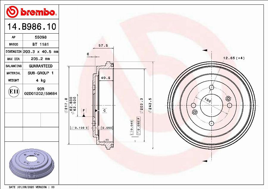 Brembo 14.B986.10 - Tamburo freno www.autoricambit.com