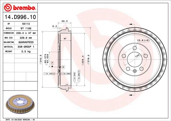 Brembo 14.D996.10 - Tamburo freno www.autoricambit.com