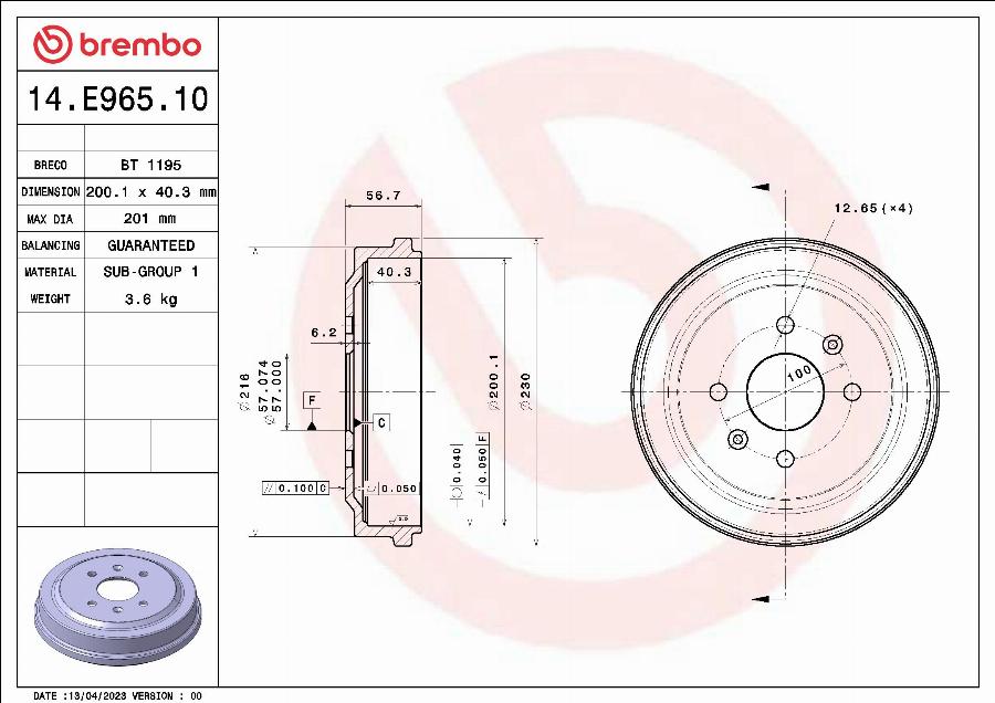 Brembo 14.E965.10 - Tamburo freno www.autoricambit.com