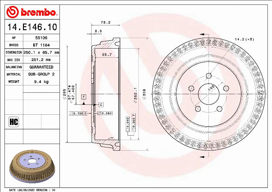 Brembo 14.E146.10 - Tamburo freno www.autoricambit.com