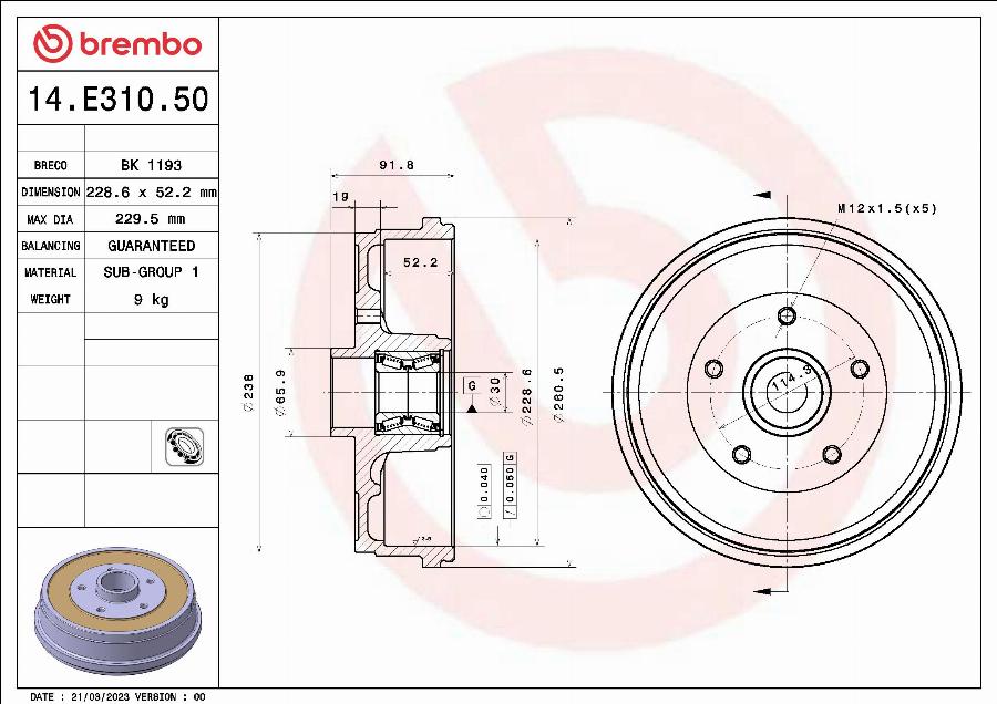 Brembo 14.E310.50 - Tamburo freno www.autoricambit.com