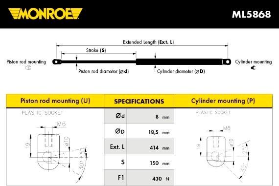 Monroe ML5868 - Ammortizatore pneumatico, Cofano bagagli /vano carico www.autoricambit.com