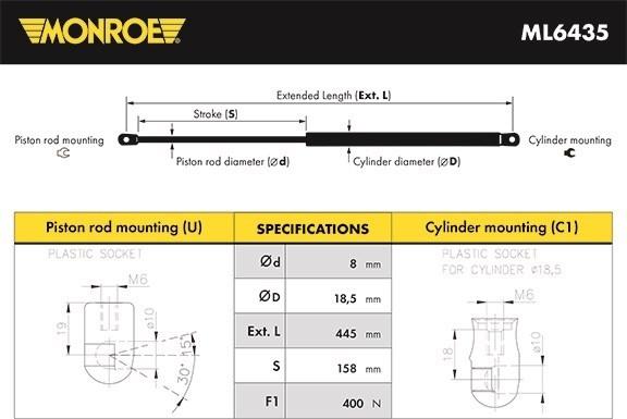 Monroe ML6435 - Ammortizatore pneumatico, Cofano bagagli /vano carico www.autoricambit.com