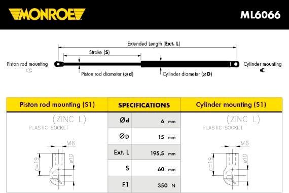 Monroe ML6066 - Ammortizatore pneumatico, Cofano bagagli /vano carico www.autoricambit.com