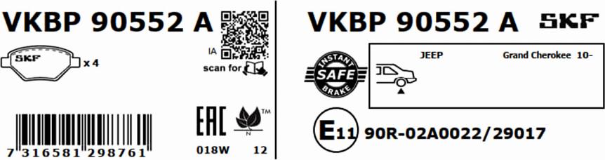 SKF VKBP 90552 A - Kit pastiglie freno, Freno a disco www.autoricambit.com