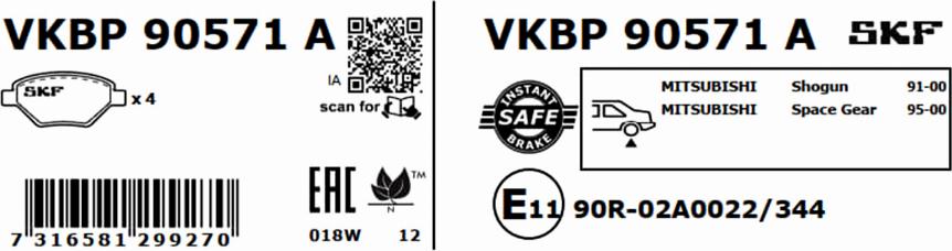 SKF VKBP 90571 A - Kit pastiglie freno, Freno a disco www.autoricambit.com