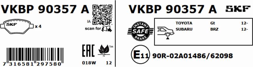 SKF VKBP 90357 A - Kit pastiglie freno, Freno a disco www.autoricambit.com