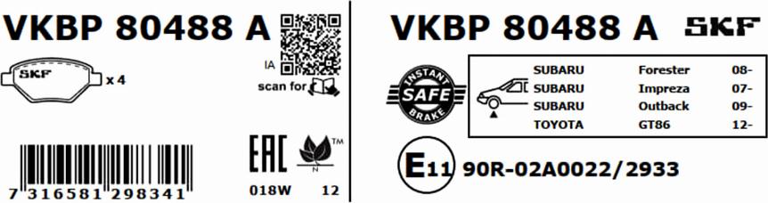 SKF VKBP 80488 A - Kit pastiglie freno, Freno a disco www.autoricambit.com