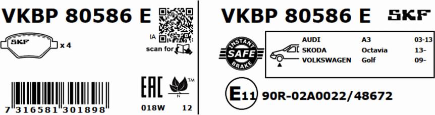 SKF VKBP 80586 E - Kit pastiglie freno, Freno a disco www.autoricambit.com