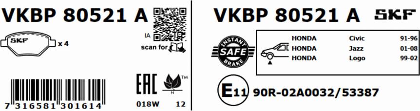 SKF VKBP 80521 A - Kit pastiglie freno, Freno a disco www.autoricambit.com