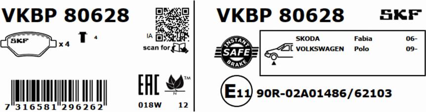 SKF VKBP 80628 - Kit pastiglie freno, Freno a disco www.autoricambit.com