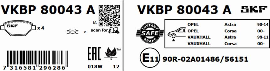 SKF VKBP 80043 A - Kit pastiglie freno, Freno a disco www.autoricambit.com