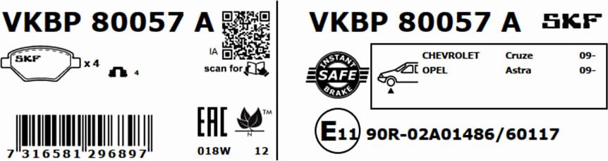 SKF VKBP 80057 A - Kit pastiglie freno, Freno a disco www.autoricambit.com