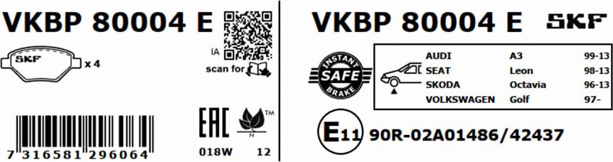 SKF VKBP 80004 E - Kit pastiglie freno, Freno a disco www.autoricambit.com