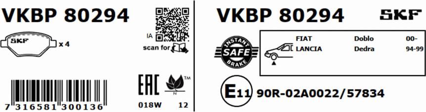 SKF VKBP 80294 - Kit pastiglie freno, Freno a disco www.autoricambit.com