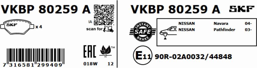 SKF VKBP 80259 A - Kit pastiglie freno, Freno a disco www.autoricambit.com