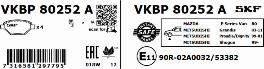 SKF VKBP 80252 A - Kit pastiglie freno, Freno a disco www.autoricambit.com