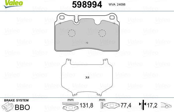 Valeo 598994 - Kit pastiglie freno, Freno a disco www.autoricambit.com