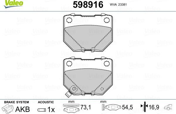 Valeo 598916 - Kit pastiglie freno, Freno a disco www.autoricambit.com