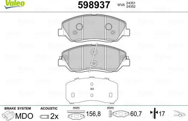 Valeo 598937 - Kit pastiglie freno, Freno a disco www.autoricambit.com