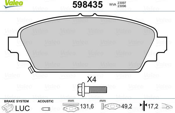 Valeo 598435 - Kit pastiglie freno, Freno a disco www.autoricambit.com