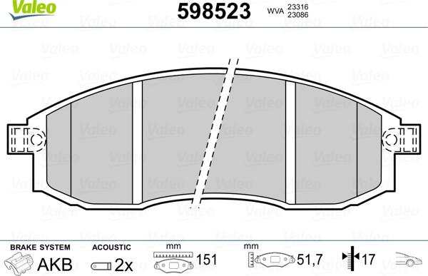 Valeo 598523 - Kit pastiglie freno, Freno a disco www.autoricambit.com