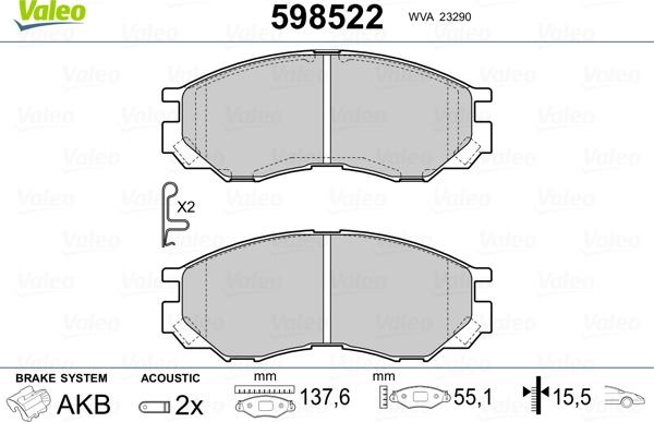 Valeo 598522 - Kit pastiglie freno, Freno a disco www.autoricambit.com