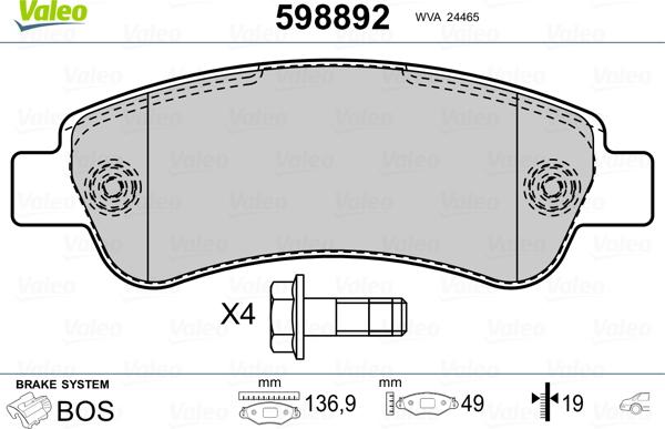 Valeo 598892 - Kit pastiglie freno, Freno a disco www.autoricambit.com