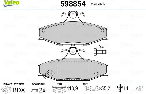 Valeo 598854 - Kit pastiglie freno, Freno a disco www.autoricambit.com