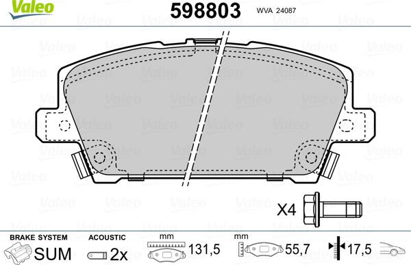 Valeo 598803 - Kit pastiglie freno, Freno a disco www.autoricambit.com