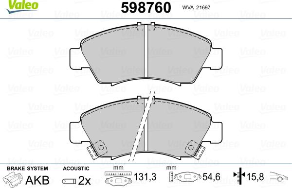 Valeo 598760 - Kit pastiglie freno, Freno a disco www.autoricambit.com