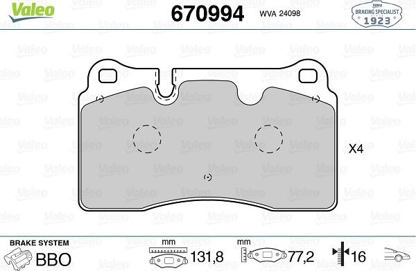 Valeo 670994 - Kit pastiglie freno, Freno a disco www.autoricambit.com