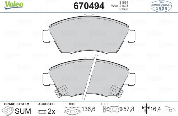 Valeo 670494 - Kit pastiglie freno, Freno a disco www.autoricambit.com