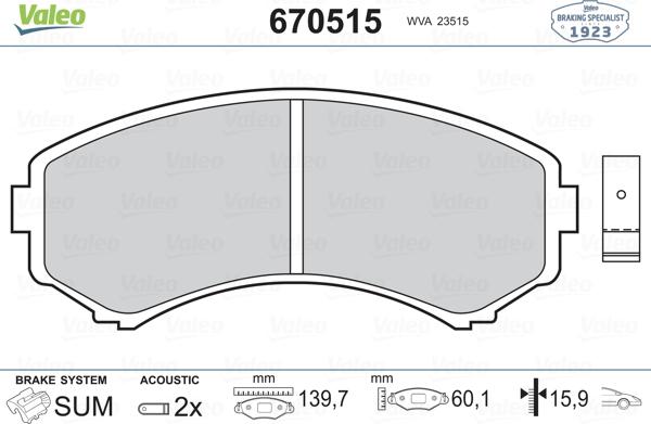 Valeo 670515 - Kit pastiglie freno, Freno a disco www.autoricambit.com