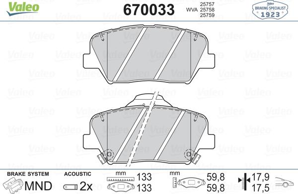 Valeo 670033 - Kit pastiglie freno, Freno a disco www.autoricambit.com