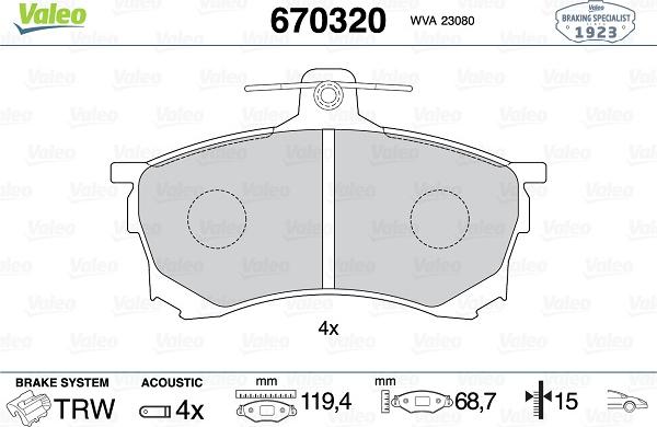 Valeo 670320 - Kit pastiglie freno, Freno a disco www.autoricambit.com