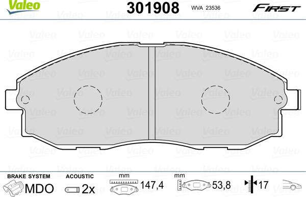 Valeo 301908 - Kit pastiglie freno, Freno a disco www.autoricambit.com