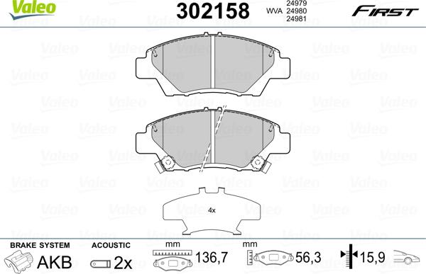 Valeo 302158 - Kit pastiglie freno, Freno a disco www.autoricambit.com